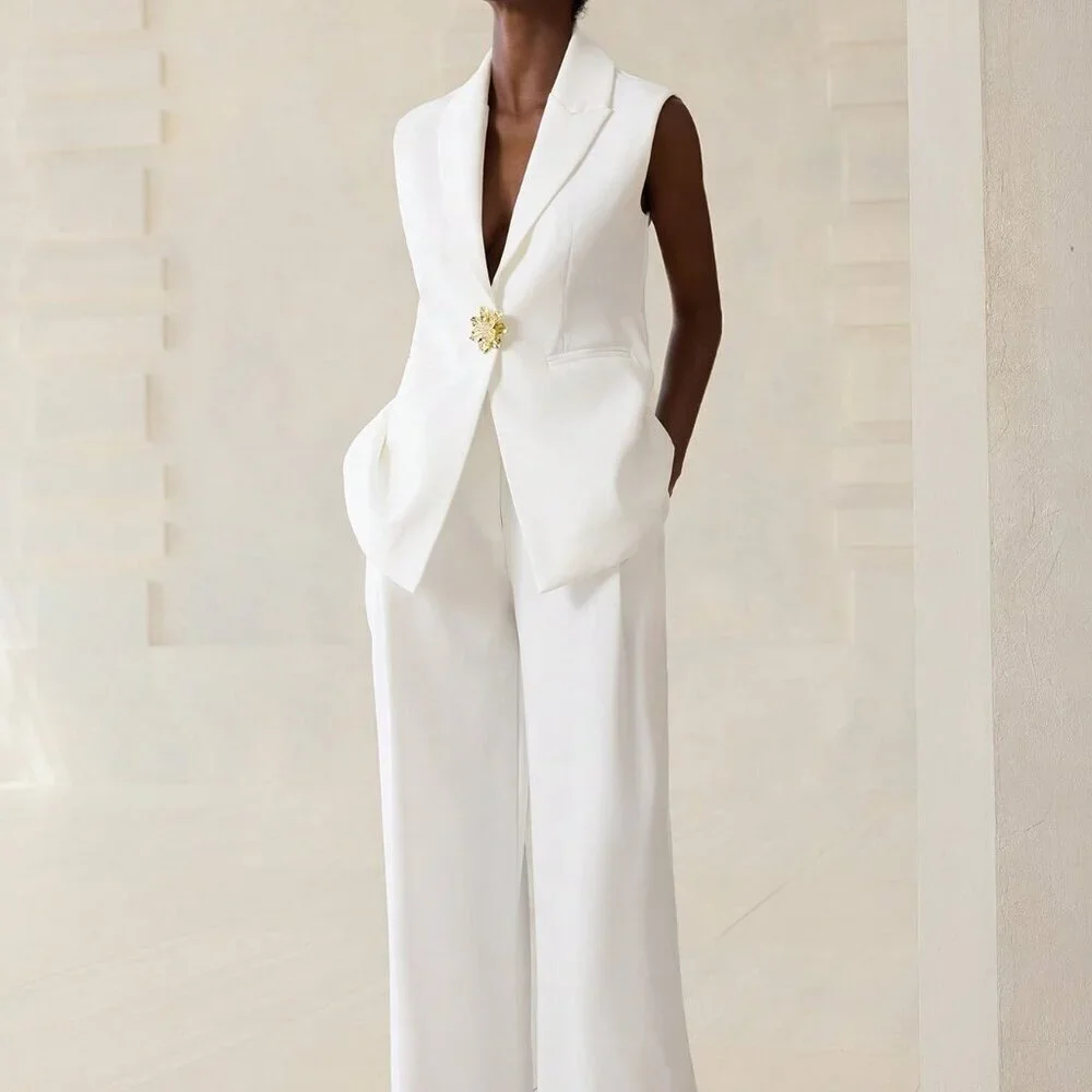 White Elegant Women's Minimalist Suit Vest Set